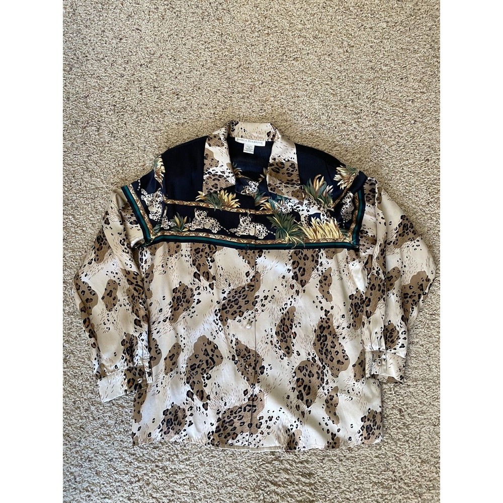 Vintage Jessica Holbrook Silk Shirt Long Sleeve Button Up Cheetah Pattern Size M